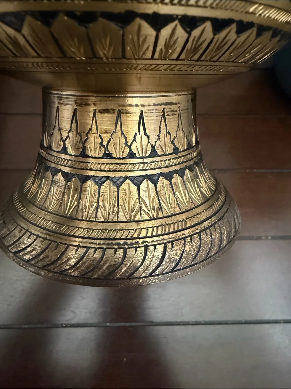 Vintage Hand-Carved Brass Vase with Black Lacquer Etching